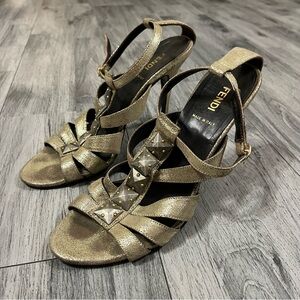 Fendi Gold Iridescent Leather Silver Studded Ankle Strap Sandals Sz 38
